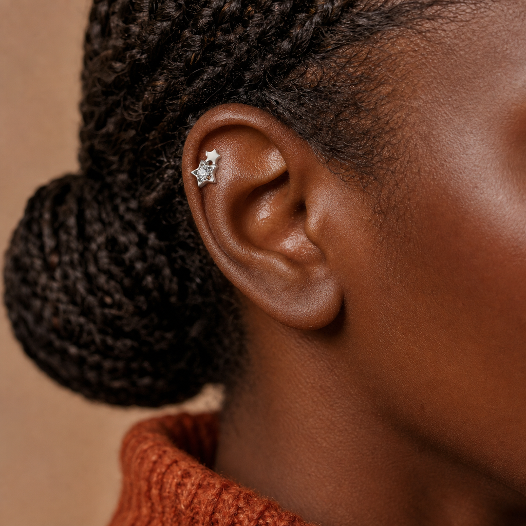 Clear CZ ASTM F136 Titanium Flat Back - Silver, Threadless, 16G, 1.2 x 6+4 mm — wearing view two (P-FB-0121-S01)