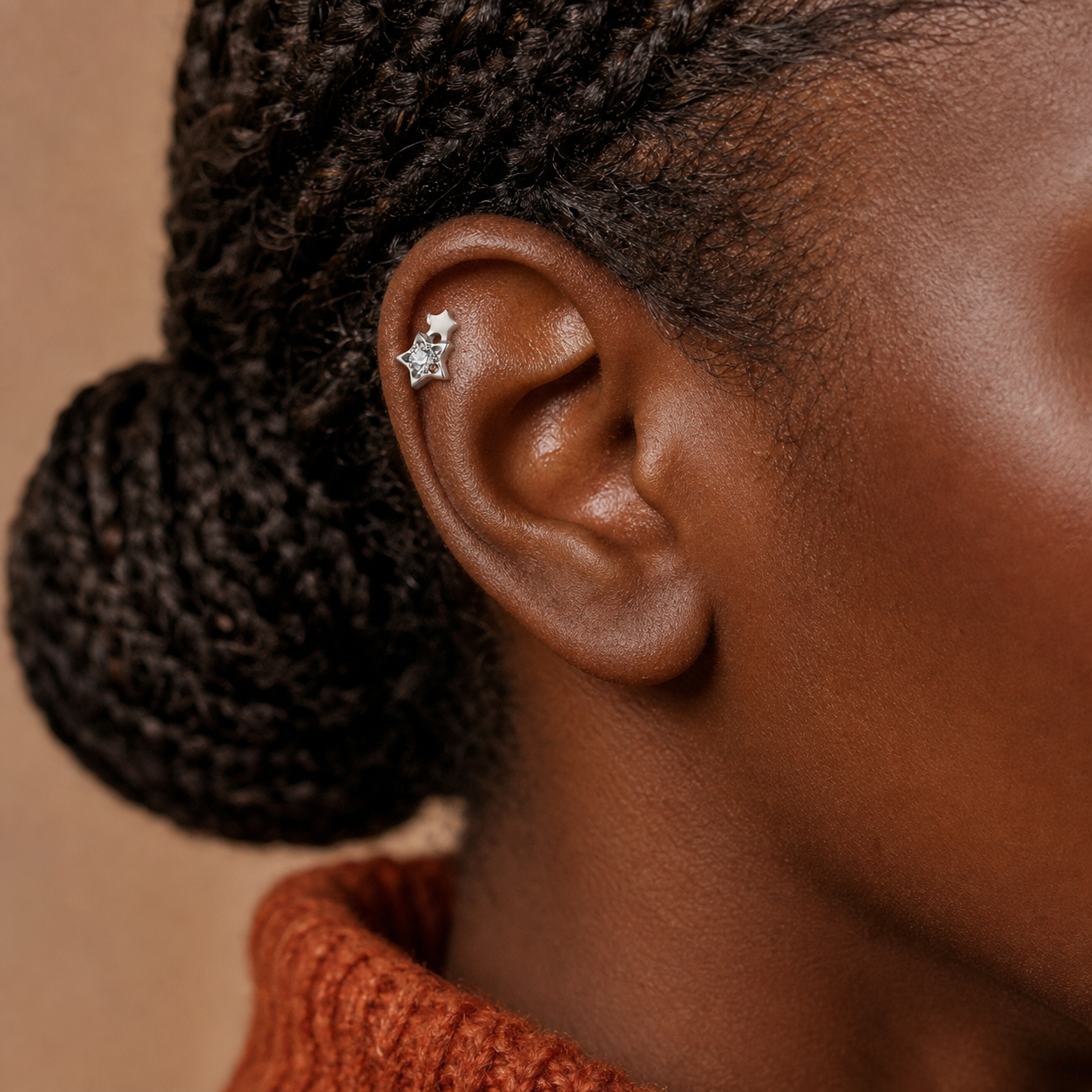 Clear CZ ASTM F136 Titanium Flat Back - Silver, Threadless, 16G, 1.2 x 6+4 mm — wearing view two (P-FB-0121-S01)