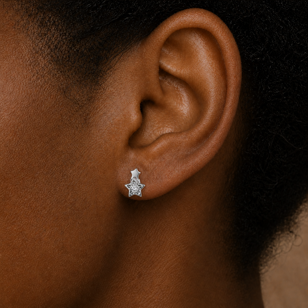 Clear CZ ASTM F136 Titanium Flat Back - Silver, Threadless, 16G, 1.2 x 6+4 mm — wearing view three (P-FB-0121-S01)