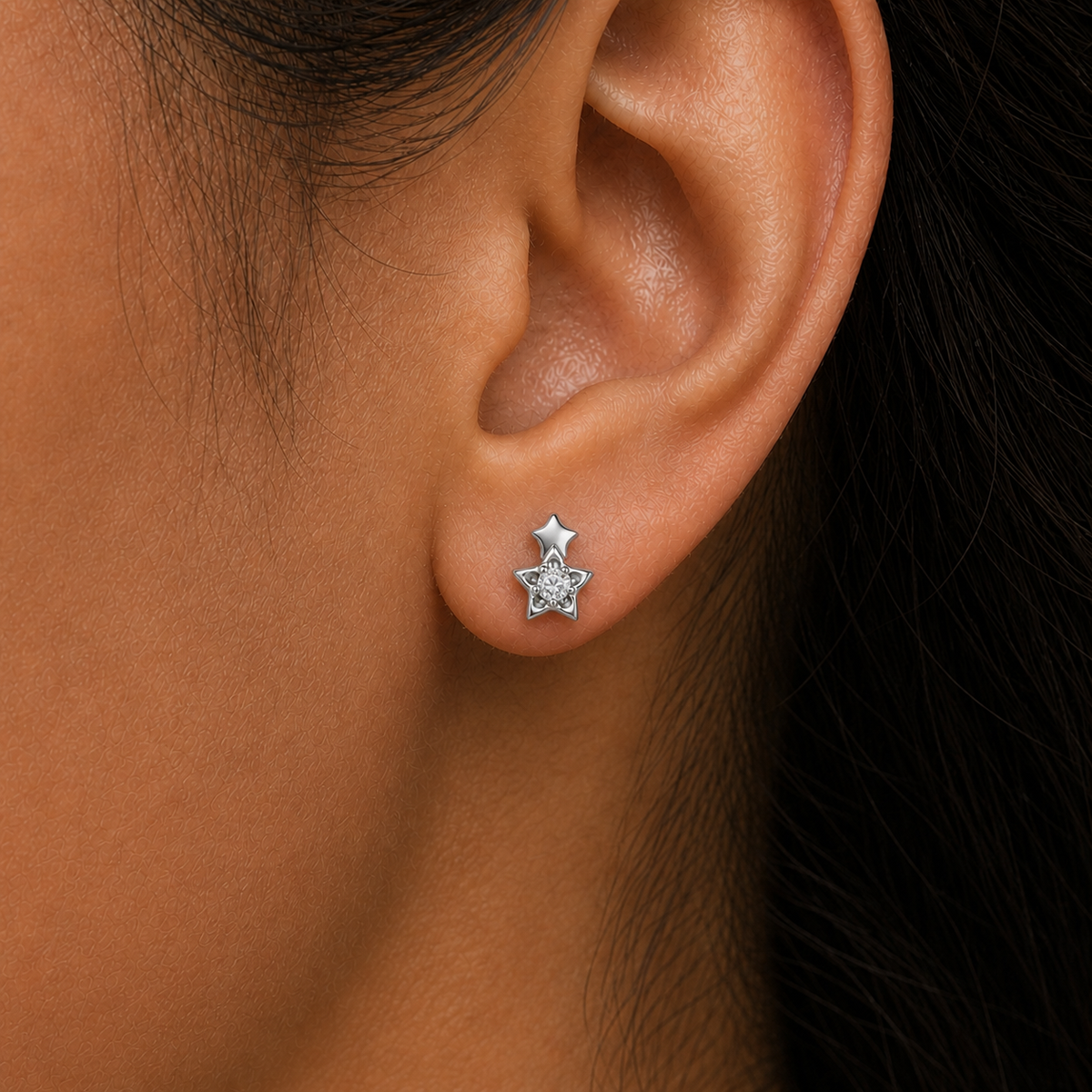 Clear CZ ASTM F136 Titanium Flat Back - Silver, Threadless, 16G, 1.2 x 6+4 mm — wearing view four (P-FB-0121-S01)
