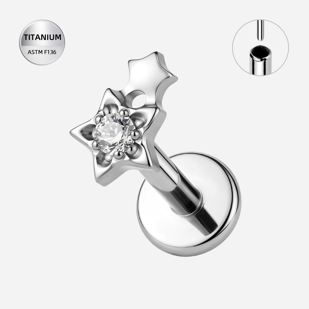 Clear CZ ASTM F136 Titanium Flat Back - Silver, Threadless, 16G, 1.2 x 6+4 mm — product detail views (P-FB-0121-S01)
