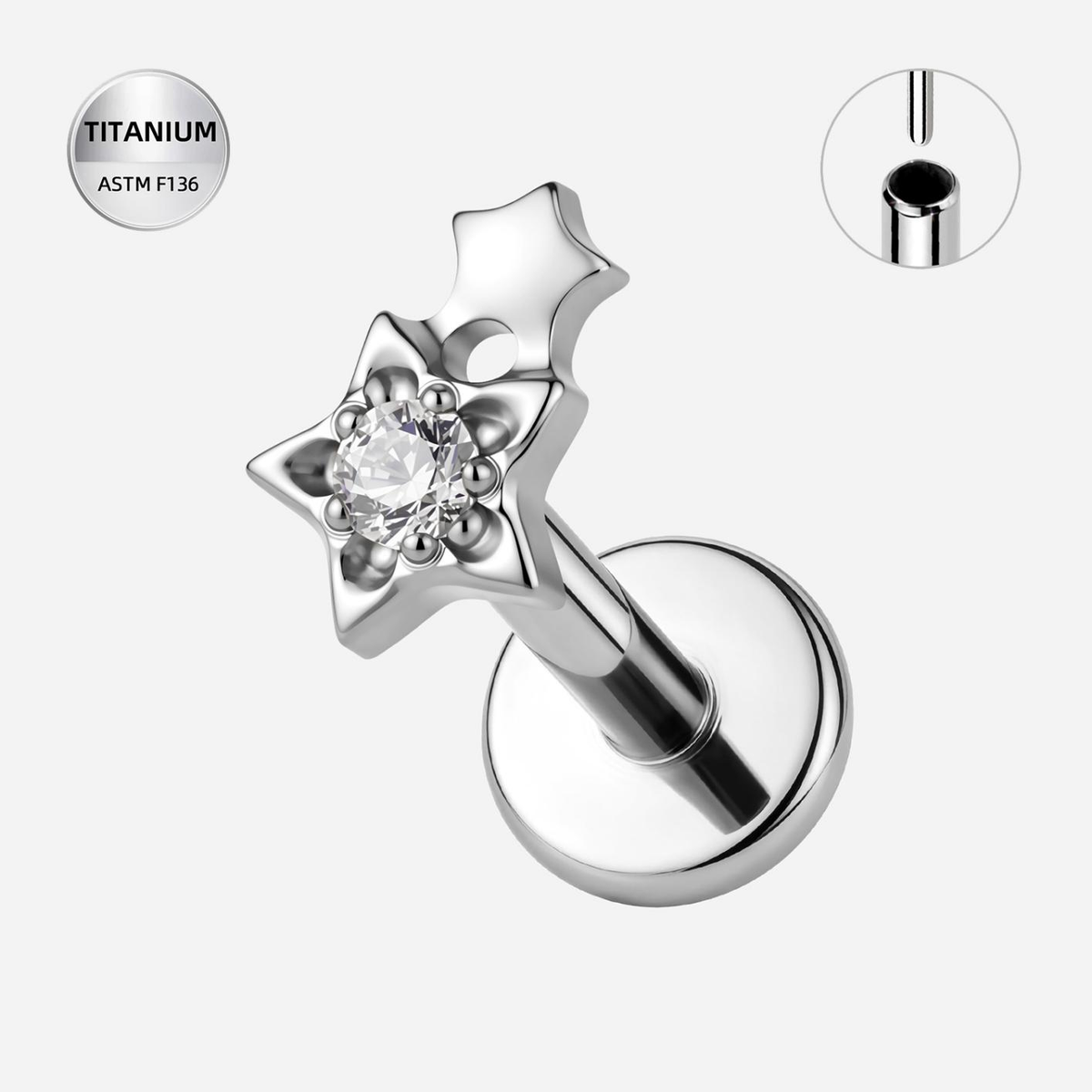 Clear CZ ASTM F136 Titanium Flat Back - Silver, Threadless, 16G, 1.2 x 6+4 mm — product detail views (P-FB-0121-S01)