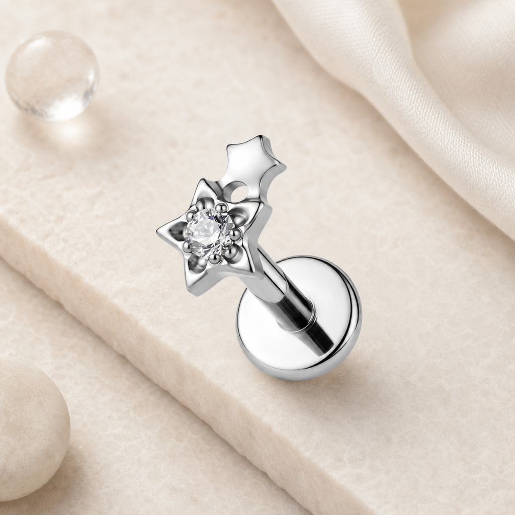 Clear CZ ASTM F136 Titanium Flat Back - Silver, Threadless, 16G, 1.2 x 6+4 mm — styled flat lay (P-FB-0121-S01)