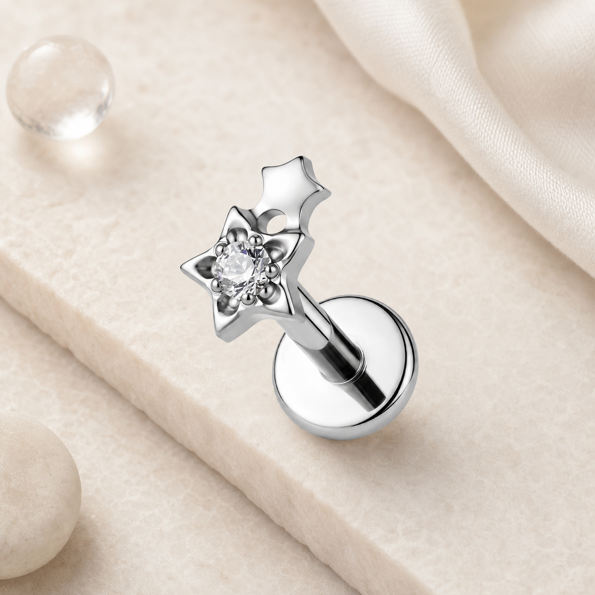 Clear CZ ASTM F136 Titanium Flat Back - Silver, Threadless, 16G, 1.2 x 6+4 mm — styled flat lay (P-FB-0121-S01)