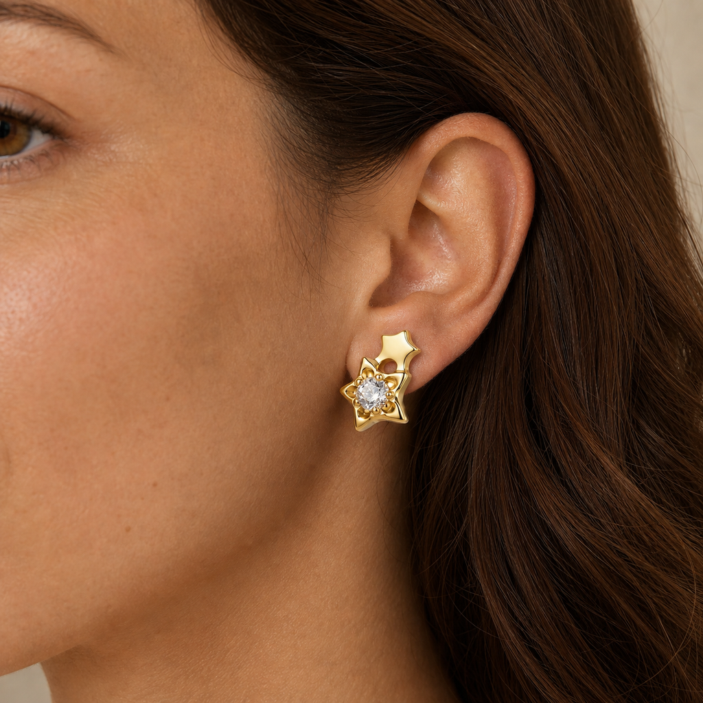 Clear CZ ASTM F136 Titanium Flat Back - Gold, Threadless, 16G, 1.2 x 6+4 mm — wearing view one (P-FB-0122-G01)