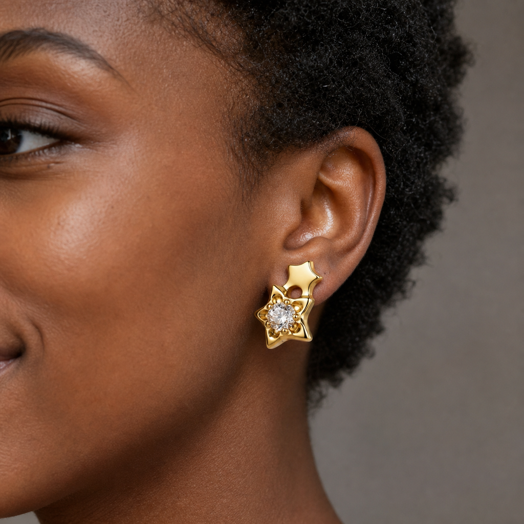 Clear CZ ASTM F136 Titanium Flat Back - Gold, Threadless, 16G, 1.2 x 6+4 mm — wearing view two (P-FB-0122-G01)