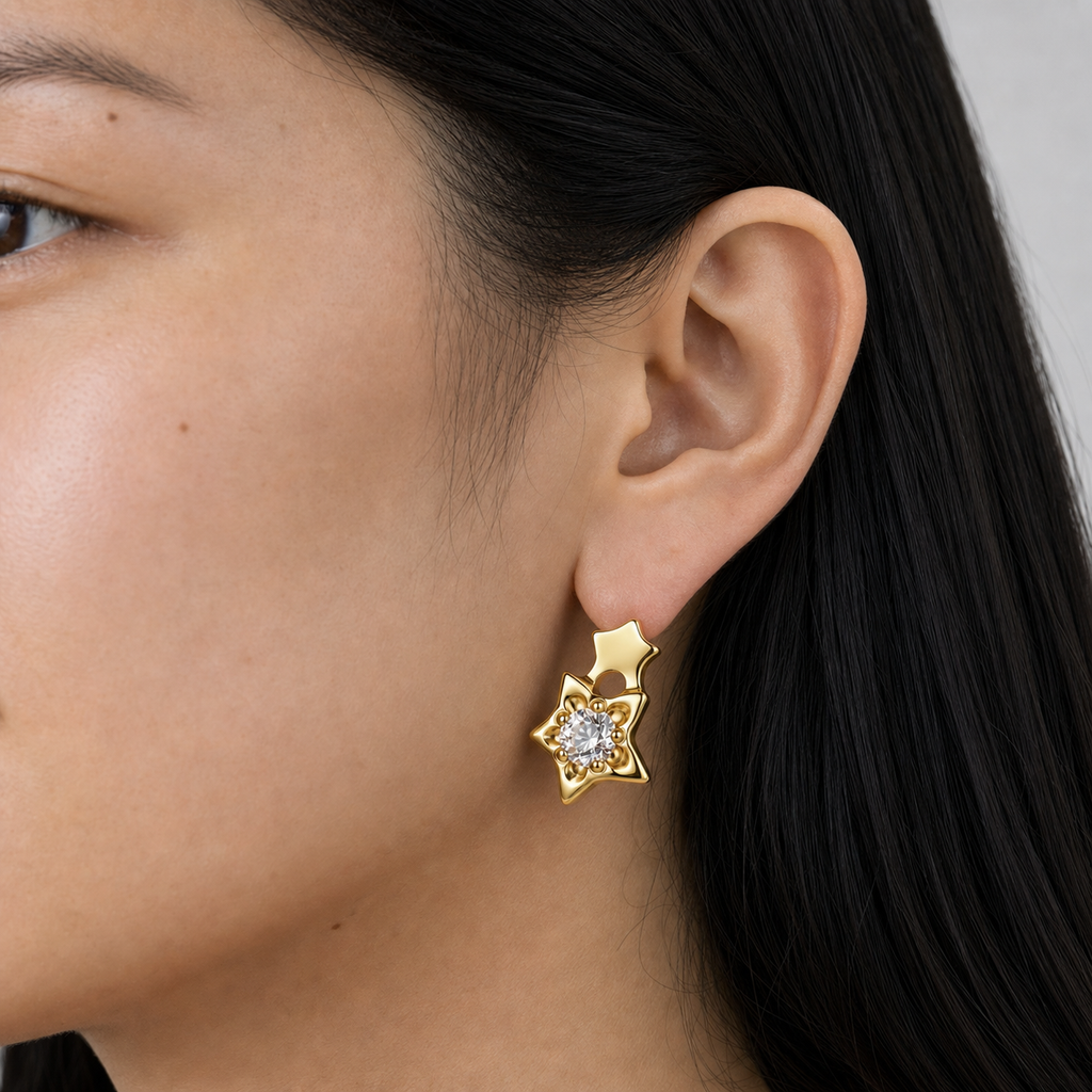 Clear CZ ASTM F136 Titanium Flat Back - Gold, Threadless, 16G, 1.2 x 6+4 mm — wearing view three (P-FB-0122-G01)