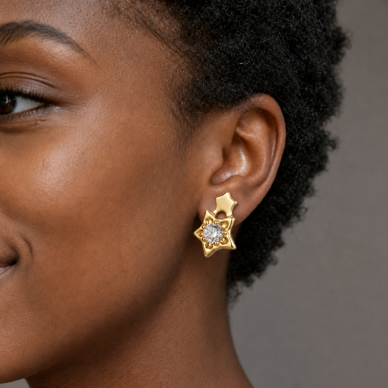 Clear CZ ASTM F136 Titanium Flat Back - Gold, Threadless, 16G, 1.2 x 6+4 mm — wearing view five (P-FB-0122-G01)