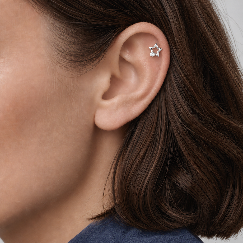 Clear CZ ASTM F136 Titanium Flat Back - Silver, Threadless, 16G, 1.2 x 6+4 mm — wearing view one (P-FB-0123-S01)