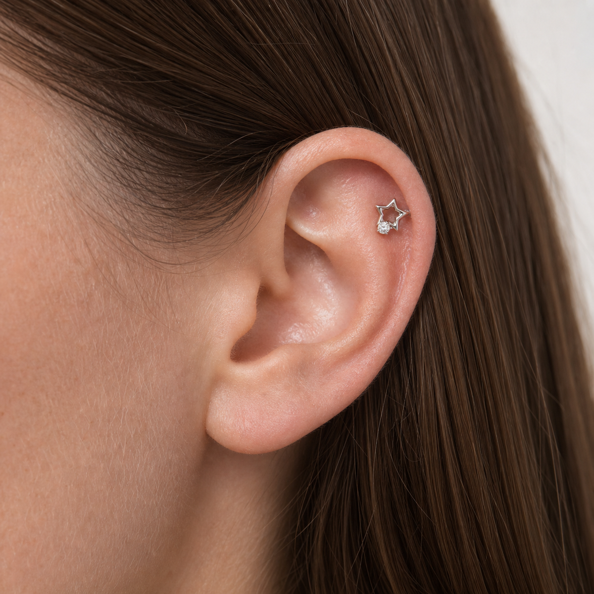 Clear CZ ASTM F136 Titanium Flat Back - Silver, Threadless, 16G, 1.2 x 6+4 mm — wearing view two (P-FB-0123-S01)