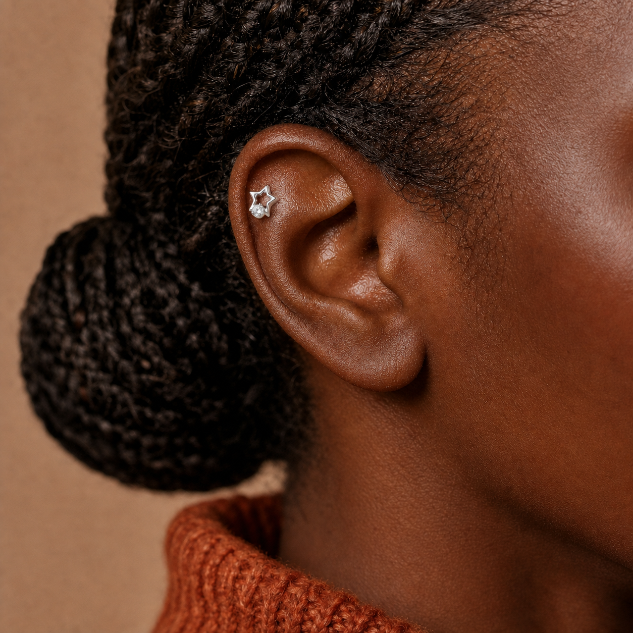 Clear CZ ASTM F136 Titanium Flat Back - Silver, Threadless, 16G, 1.2 x 6+4 mm — wearing view two (P-FB-0123-S01)