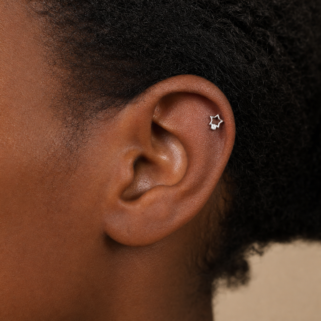 Clear CZ ASTM F136 Titanium Flat Back - Silver, Threadless, 16G, 1.2 x 6+4 mm — wearing view three (P-FB-0123-S01)