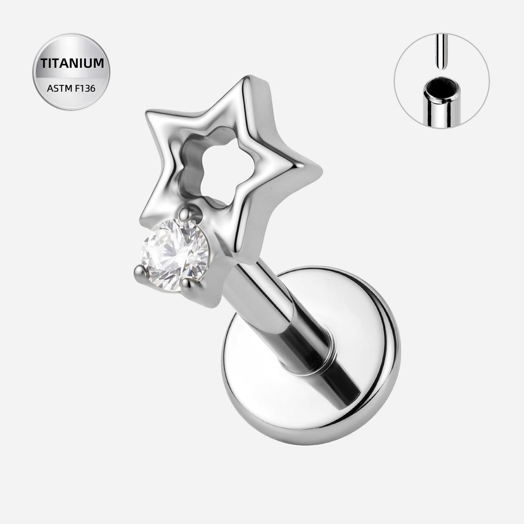Clear CZ ASTM F136 Titanium Flat Back - Silver, Threadless, 16G, 1.2 x 6+4 mm — product detail views (P-FB-0123-S01)