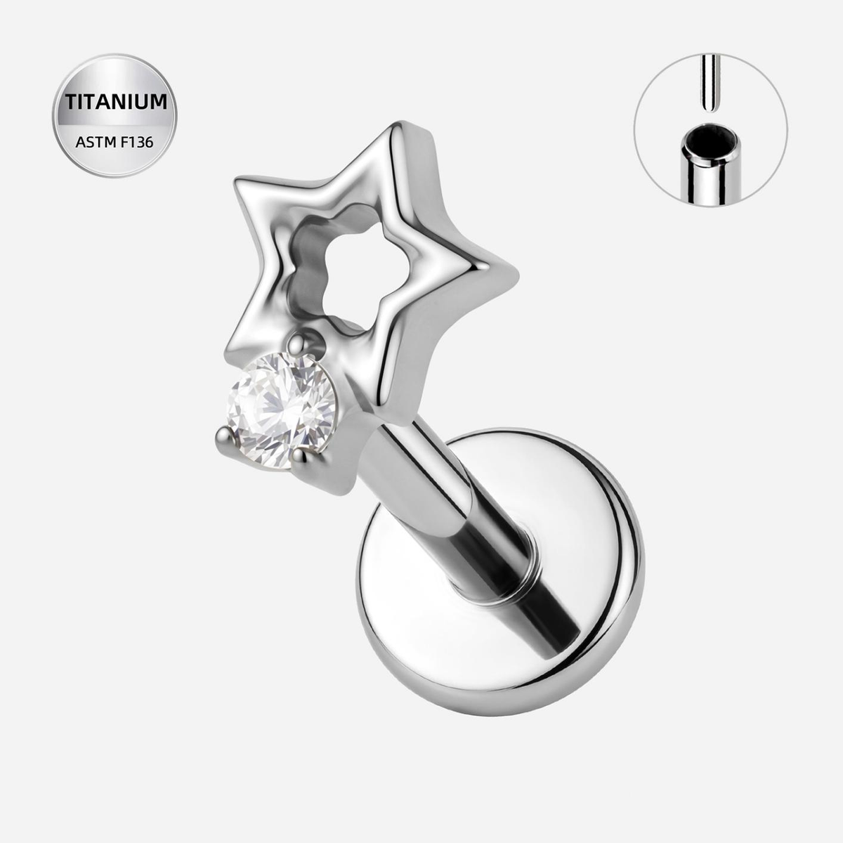 Clear CZ ASTM F136 Titanium Flat Back - Silver, Threadless, 16G, 1.2 x 6+4 mm — product detail views (P-FB-0123-S01)