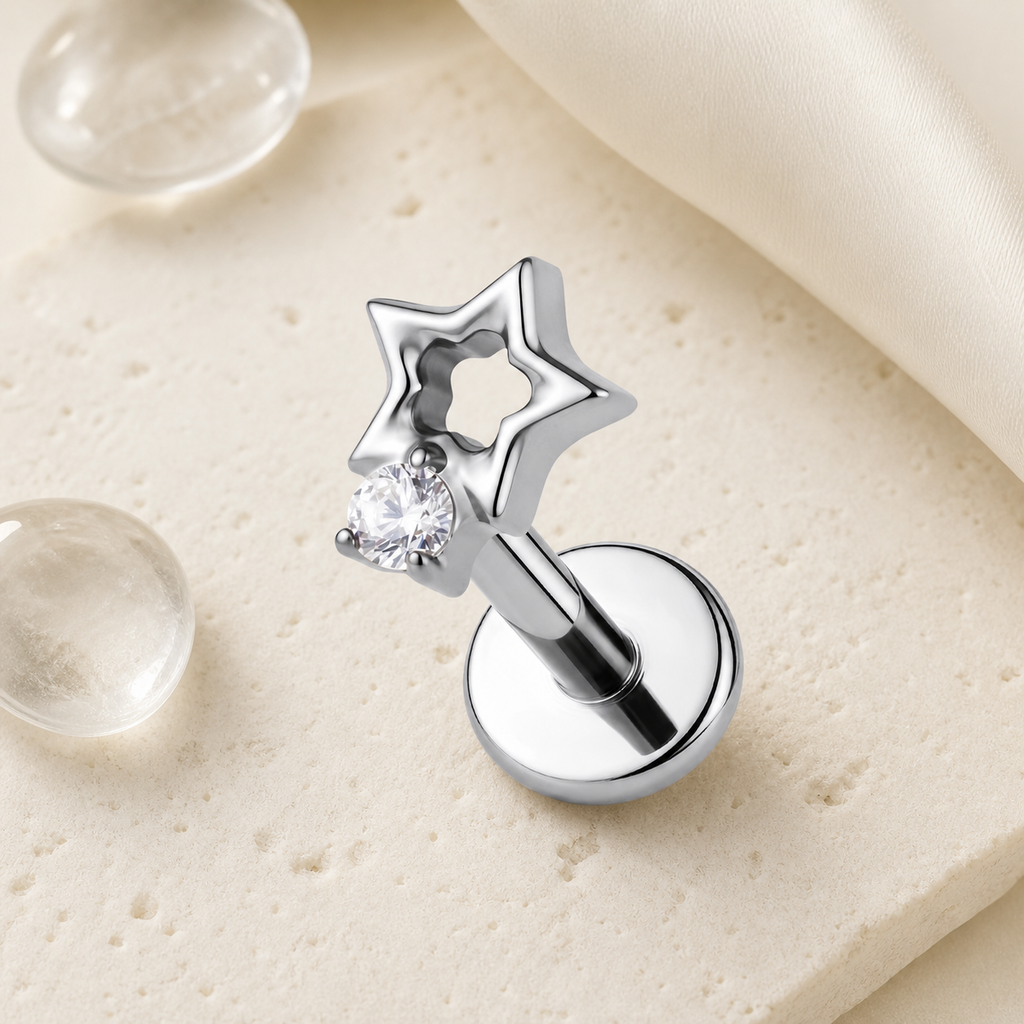 Clear CZ ASTM F136 Titanium Flat Back - Silver, Threadless, 16G, 1.2 x 6+4 mm — styled flat lay (P-FB-0123-S01)