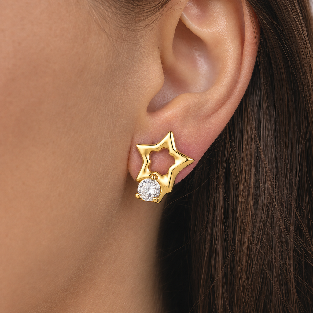 Clear CZ ASTM F136 Titanium Flat Back - Gold, Threadless, 16G, 1.2 x 6+4 mm — wearing view one (P-FB-0124-G01)