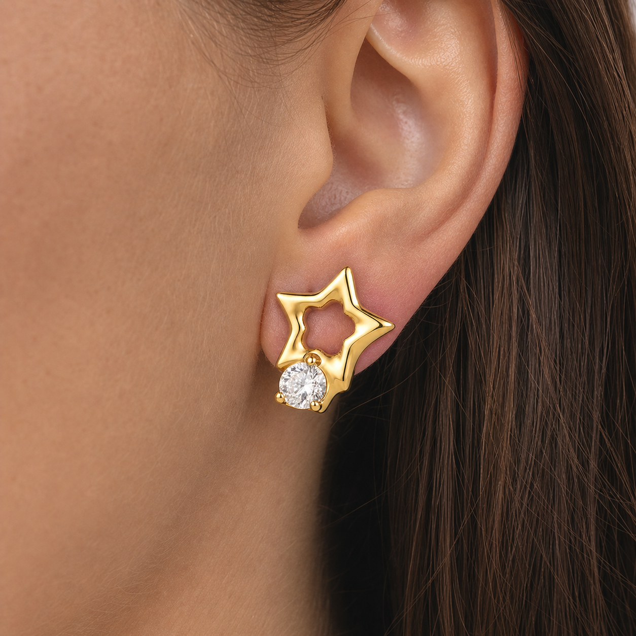 Clear CZ ASTM F136 Titanium Flat Back - Gold, Threadless, 16G, 1.2 x 6+4 mm — wearing view one (P-FB-0124-G01)