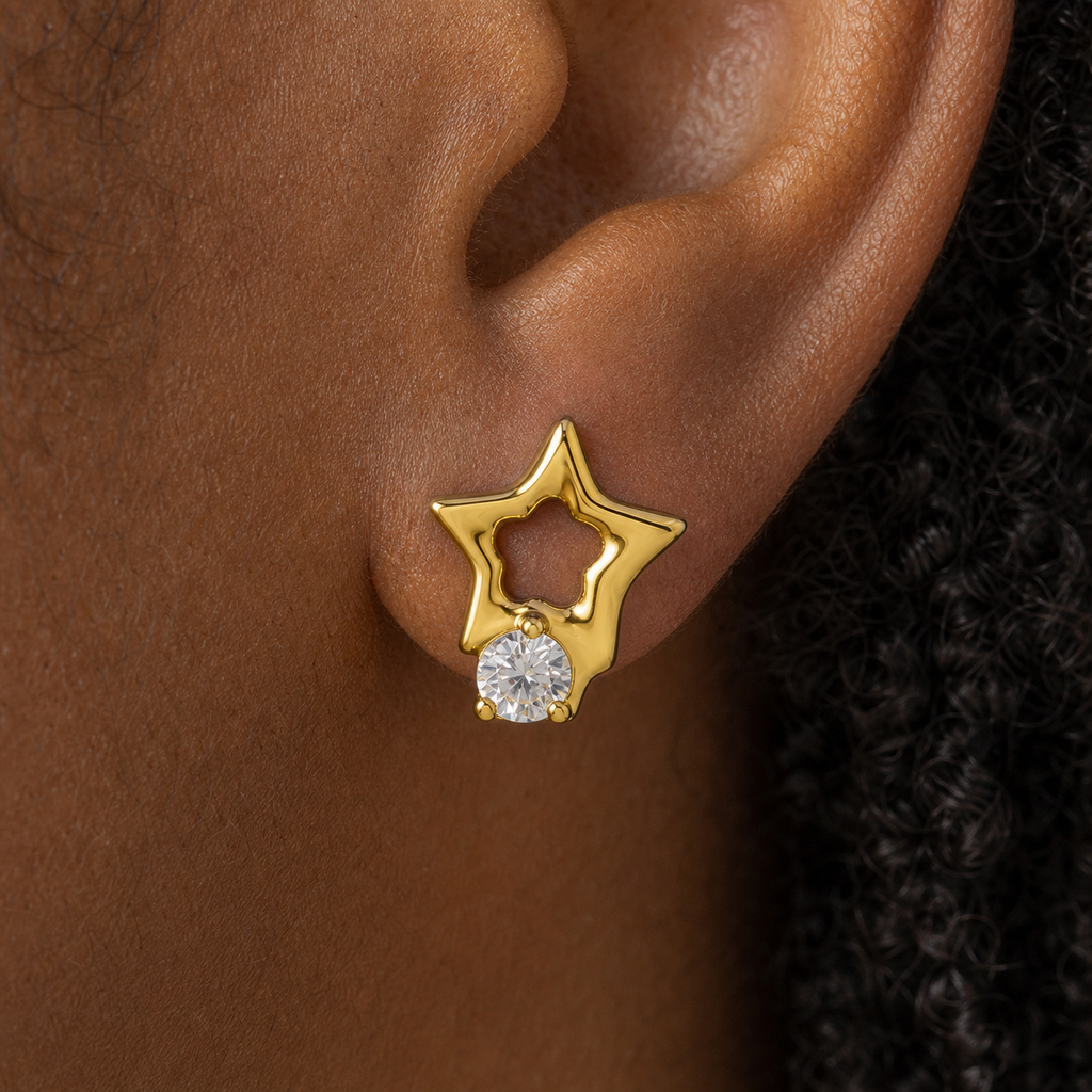 Clear CZ ASTM F136 Titanium Flat Back - Gold, Threadless, 16G, 1.2 x 6+4 mm — wearing view two (P-FB-0124-G01)