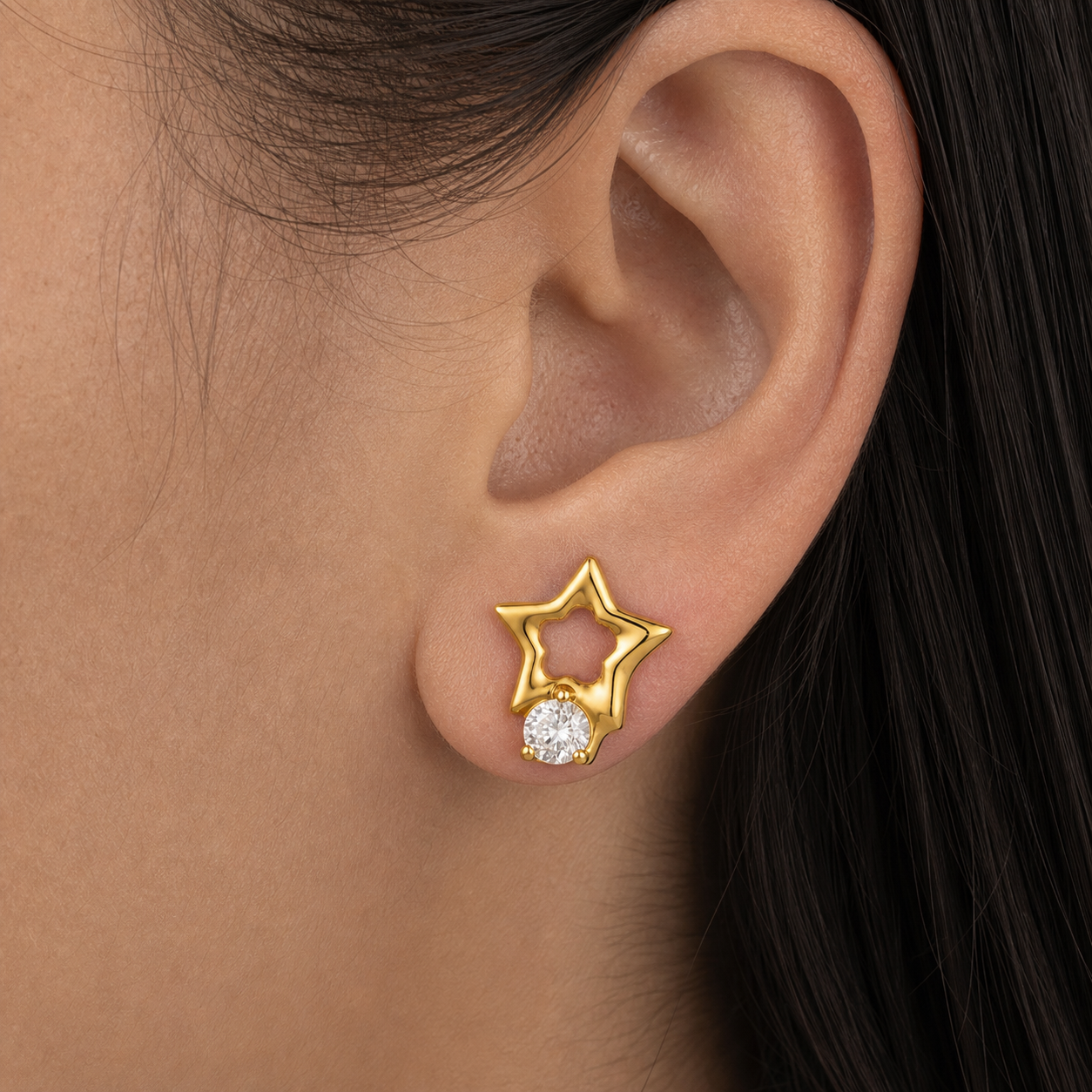 Clear CZ ASTM F136 Titanium Flat Back - Gold, Threadless, 16G, 1.2 x 6+4 mm — wearing view three (P-FB-0124-G01)