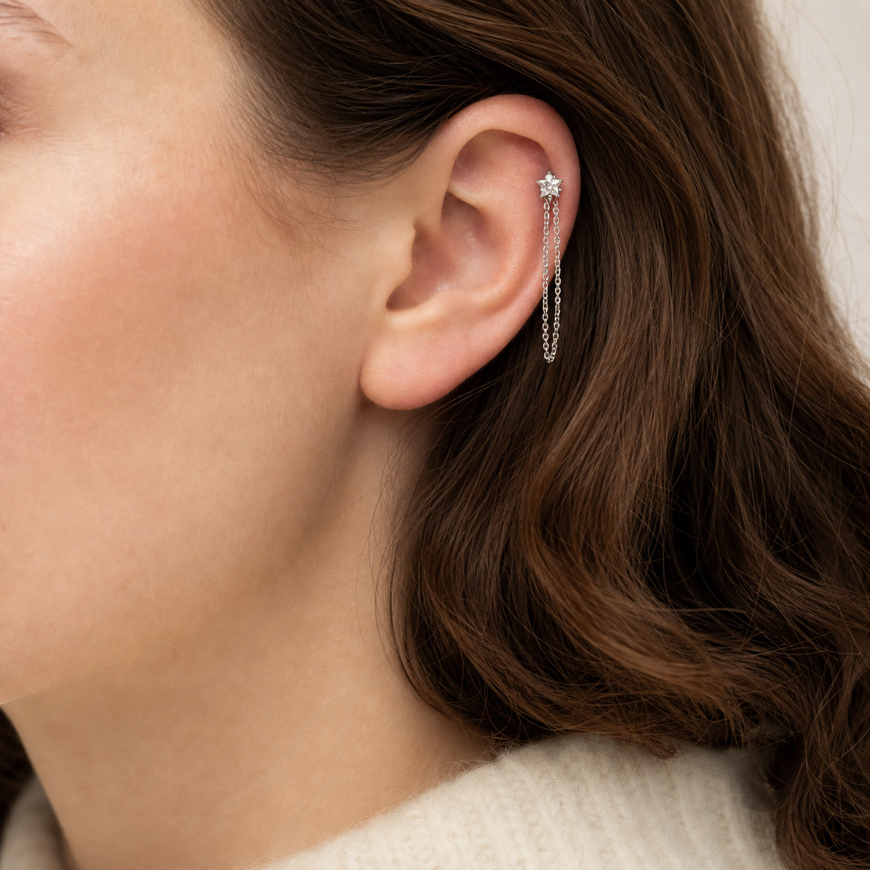 Clear CZ ASTM F136 Titanium Flat Back - Silver, Threadless, 18G, 1.0 x 6+4 mm — wearing view one (P-FB-0127-S01)