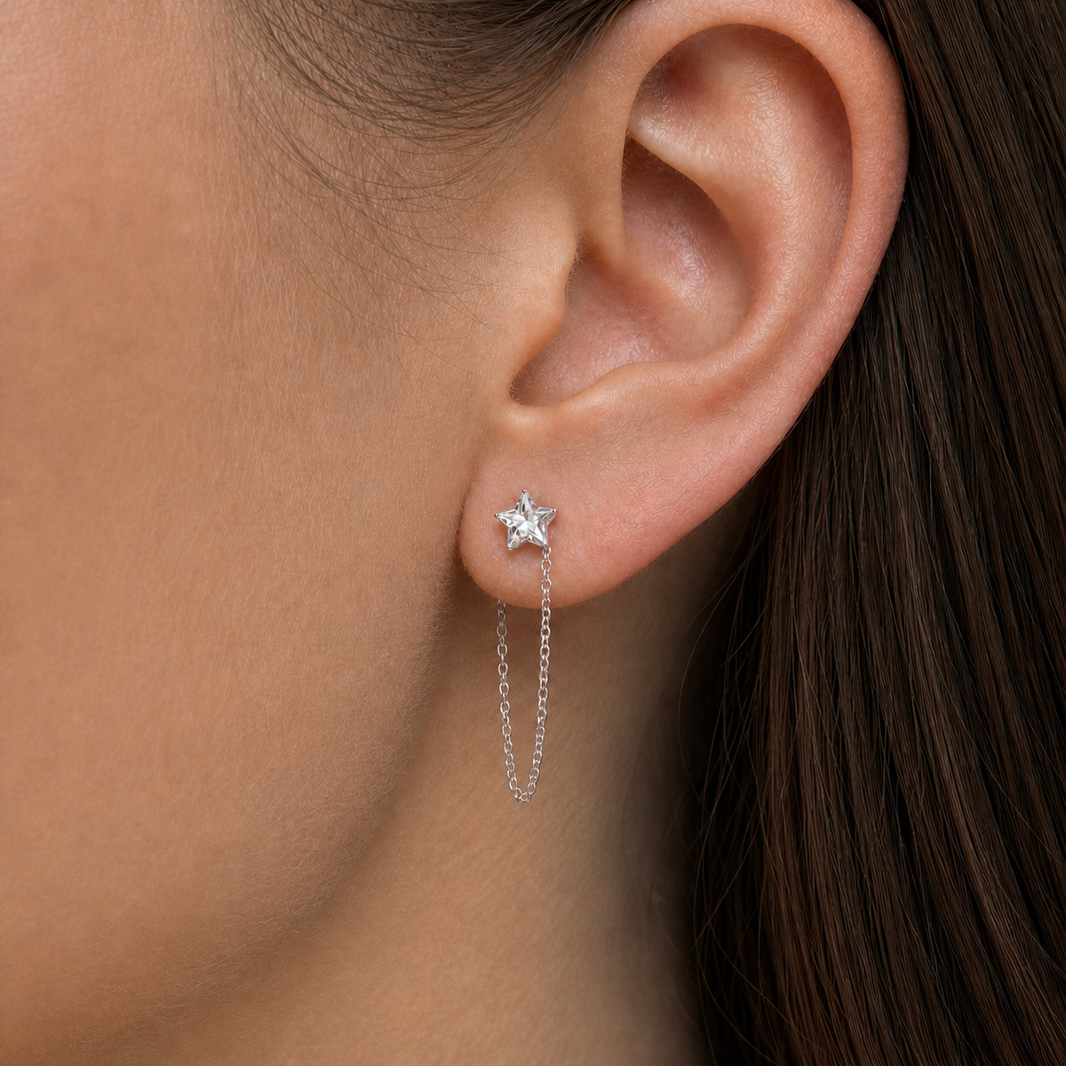 Clear CZ ASTM F136 Titanium Flat Back - Silver, Threadless, 18G, 1.0 x 6+4 mm — wearing view two (P-FB-0127-S01)