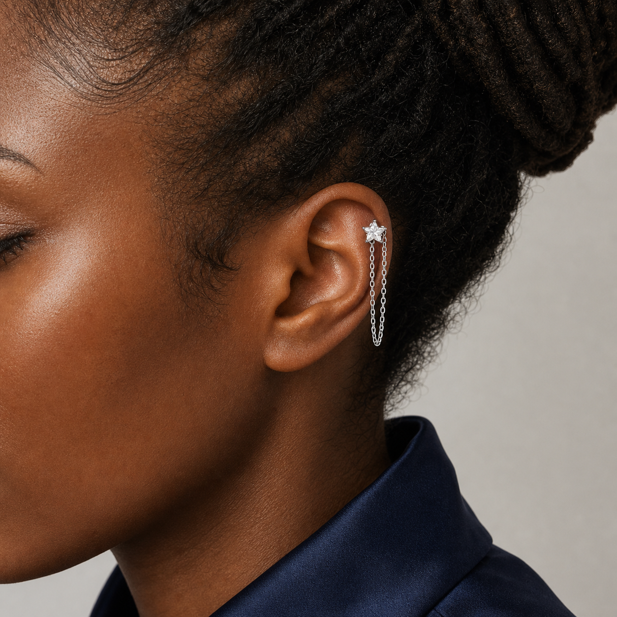 Clear CZ ASTM F136 Titanium Flat Back - Silver, Threadless, 18G, 1.0 x 6+4 mm — wearing view two (P-FB-0127-S01)