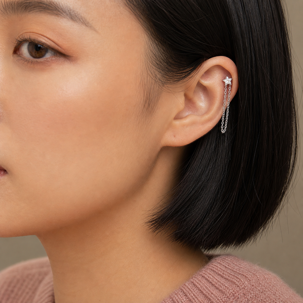 Clear CZ ASTM F136 Titanium Flat Back - Silver, Threadless, 18G, 1.0 x 6+4 mm — wearing view three (P-FB-0127-S01)