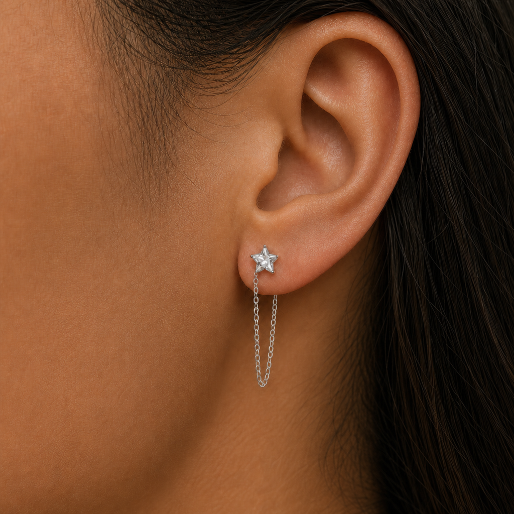 Clear CZ ASTM F136 Titanium Flat Back - Silver, Threadless, 18G, 1.0 x 6+4 mm — wearing view four (P-FB-0127-S01)