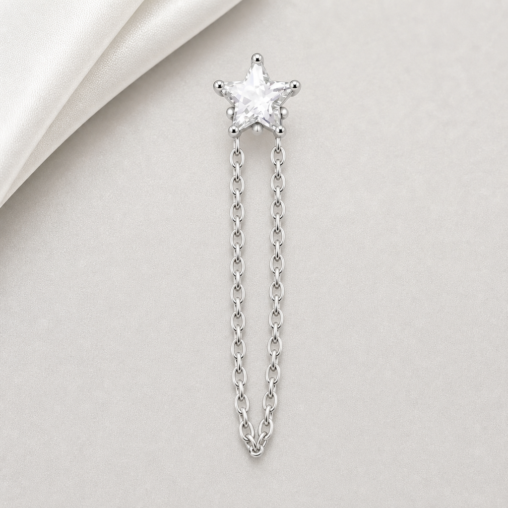 Clear CZ ASTM F136 Titanium Flat Back - Silver, Threadless, 18G, 1.0 x 6+4 mm — styled flat lay (P-FB-0127-S01)