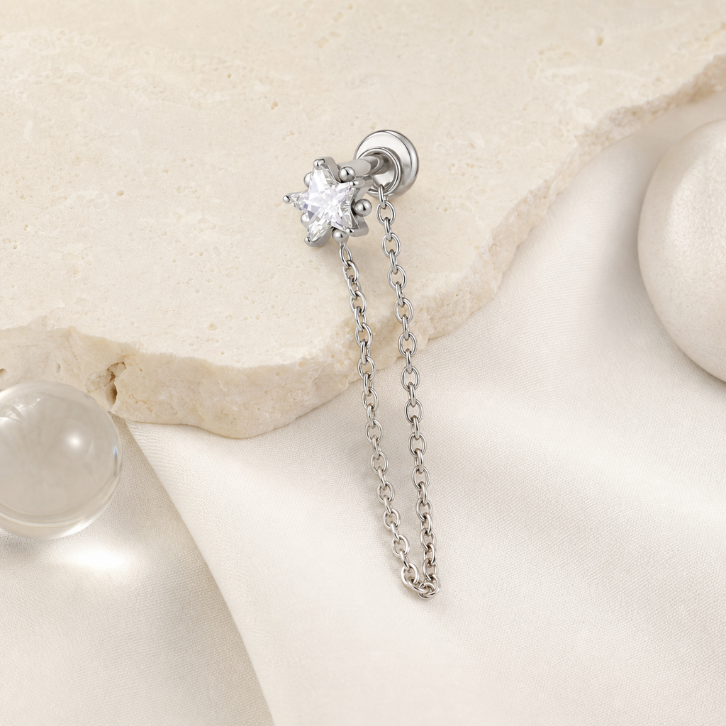 Clear CZ ASTM F136 Titanium Flat Back - Silver, Threadless, 18G, 1.0 x 6+4 mm — styled flat lay (P-FB-0127-S01)