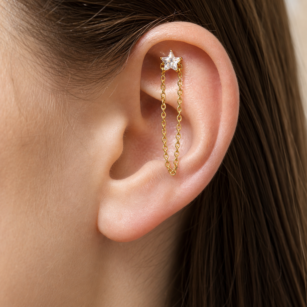 Clear CZ ASTM F136 Titanium Flat Back - Gold, Threadless, 18G, 1.0 x 6+4 mm — wearing view four (P-FB-0128-G01)