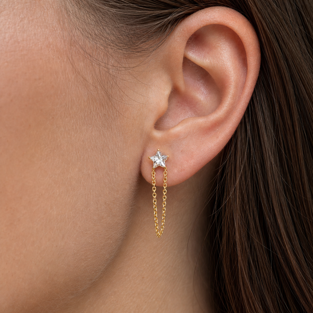 Clear CZ ASTM F136 Titanium Flat Back - Gold, Threadless, 18G, 1.0 x 6+4 mm — wearing view one (P-FB-0128-G01)