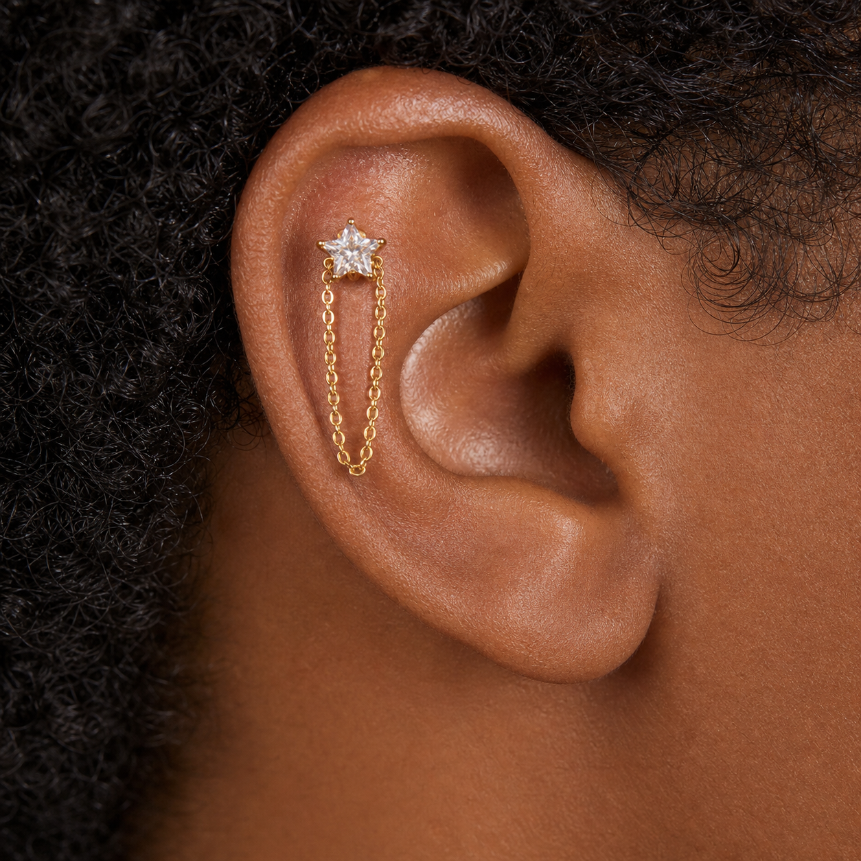 Clear CZ ASTM F136 Titanium Flat Back - Gold, Threadless, 18G, 1.0 x 6+4 mm — wearing view two (P-FB-0128-G01)