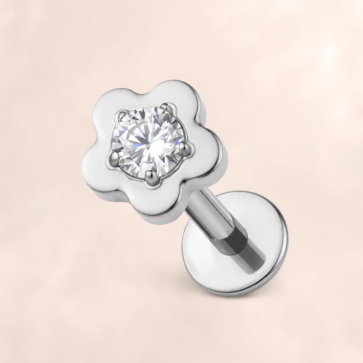 Clear CZ ASTM F136 Titanium Flat Back - Silver, Internally Threaded, 16G, 1.2 x 6+5+4 mm — primary product image (P-FB-0129-S01)