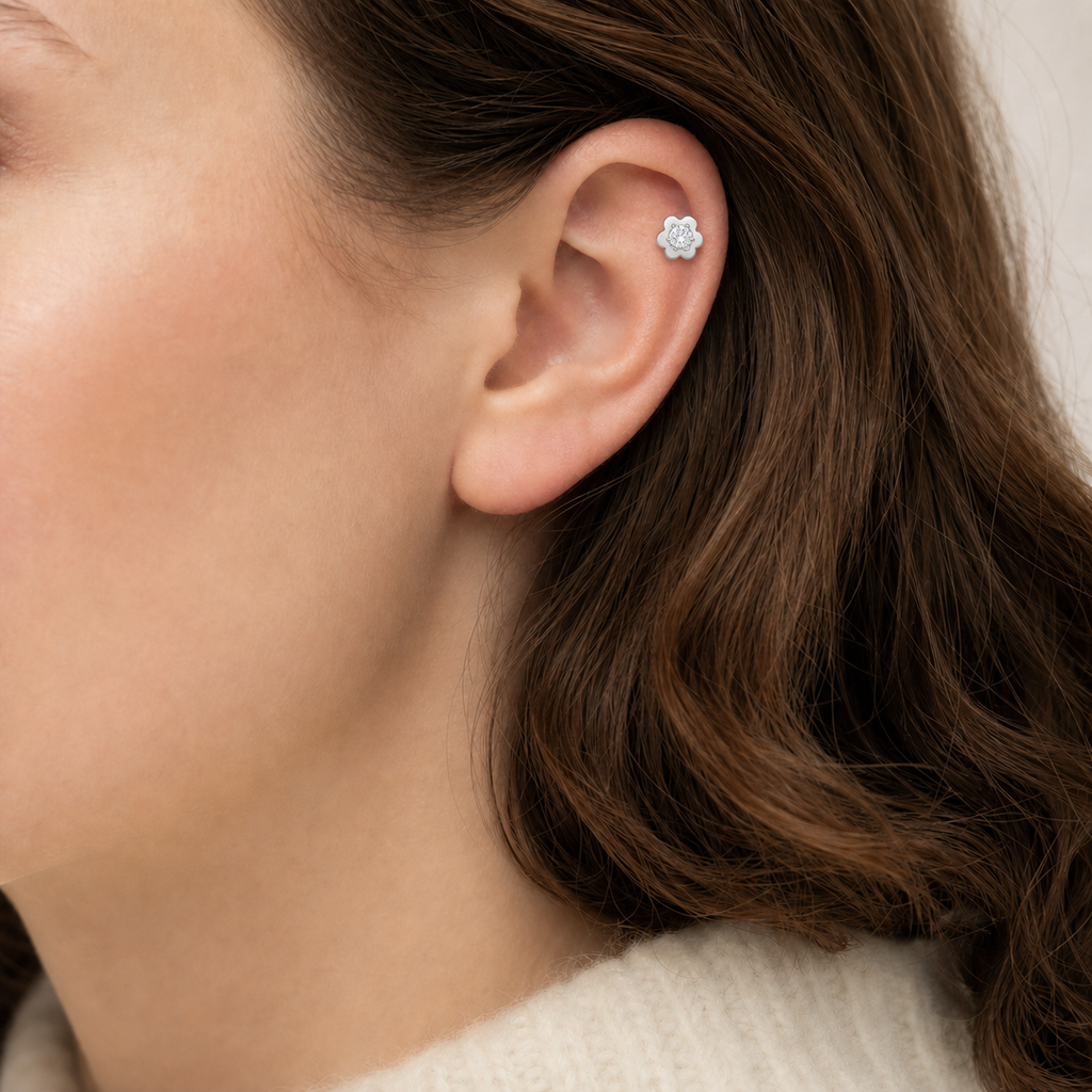 Clear CZ ASTM F136 Titanium Flat Back - Silver, Internally Threaded, 16G, 1.2 x 6+5+4 mm — wearing view two (P-FB-0129-S01)