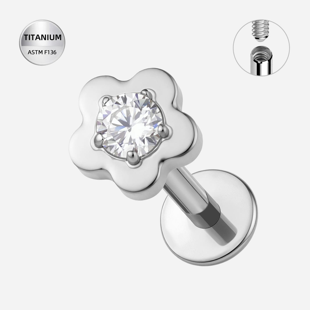 Clear CZ ASTM F136 Titanium Flat Back - Silver, Internally Threaded, 16G, 1.2 x 6+5+4 mm — product detail views (P-FB-0129-S01)