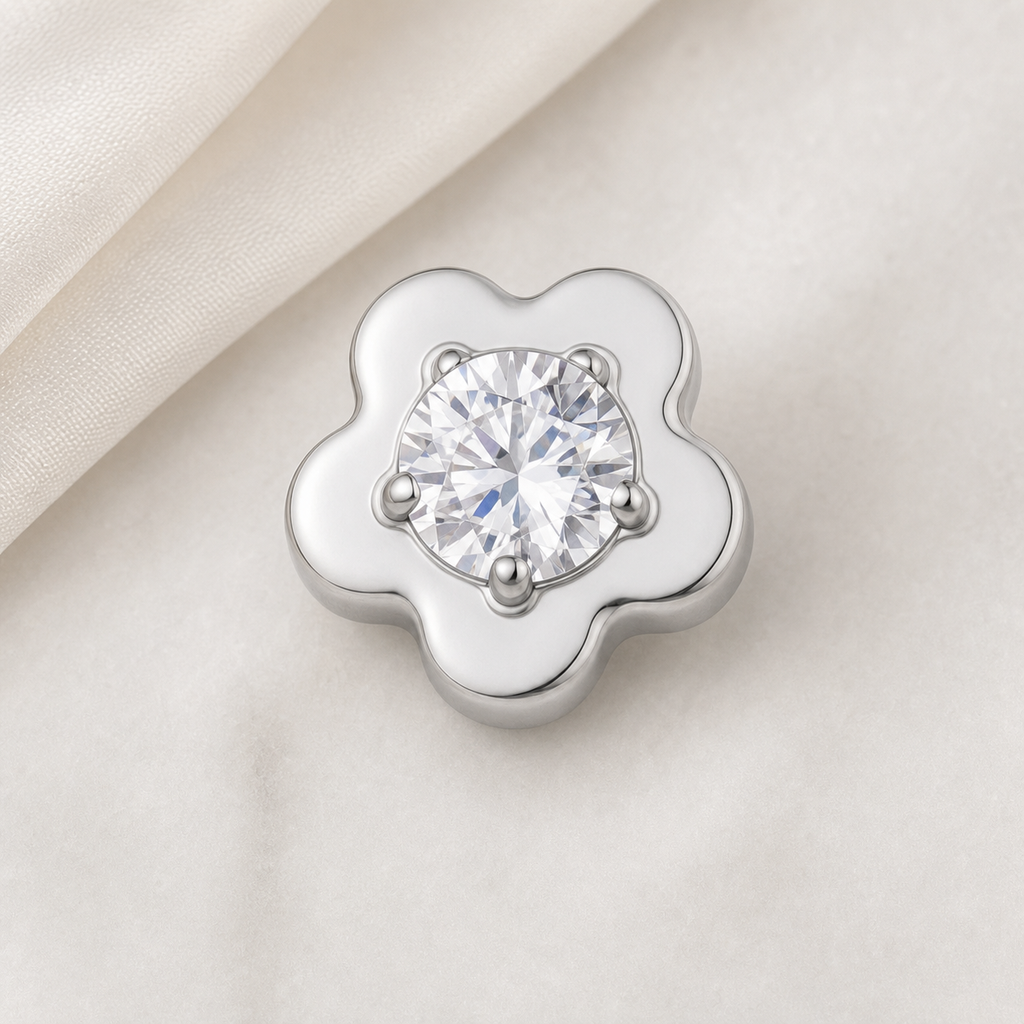 Clear CZ ASTM F136 Titanium Flat Back - Silver, Internally Threaded, 16G, 1.2 x 6+5+4 mm — styled flat lay (P-FB-0129-S01)