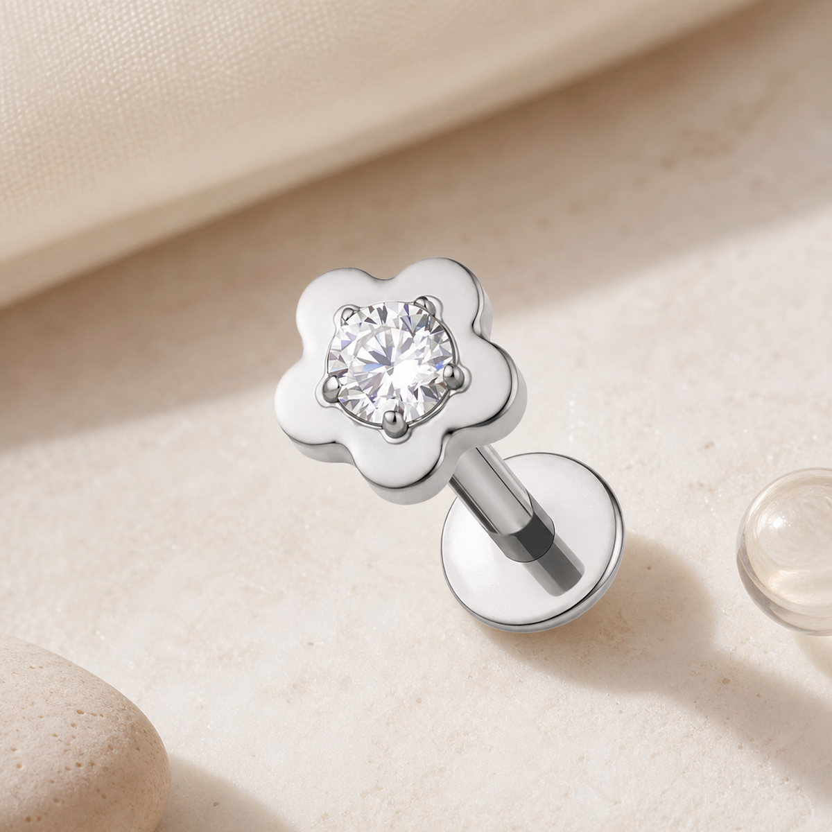 Clear CZ ASTM F136 Titanium Flat Back - Silver, Internally Threaded, 16G, 1.2 x 6+5+4 mm — styled flat lay (P-FB-0129-S01)