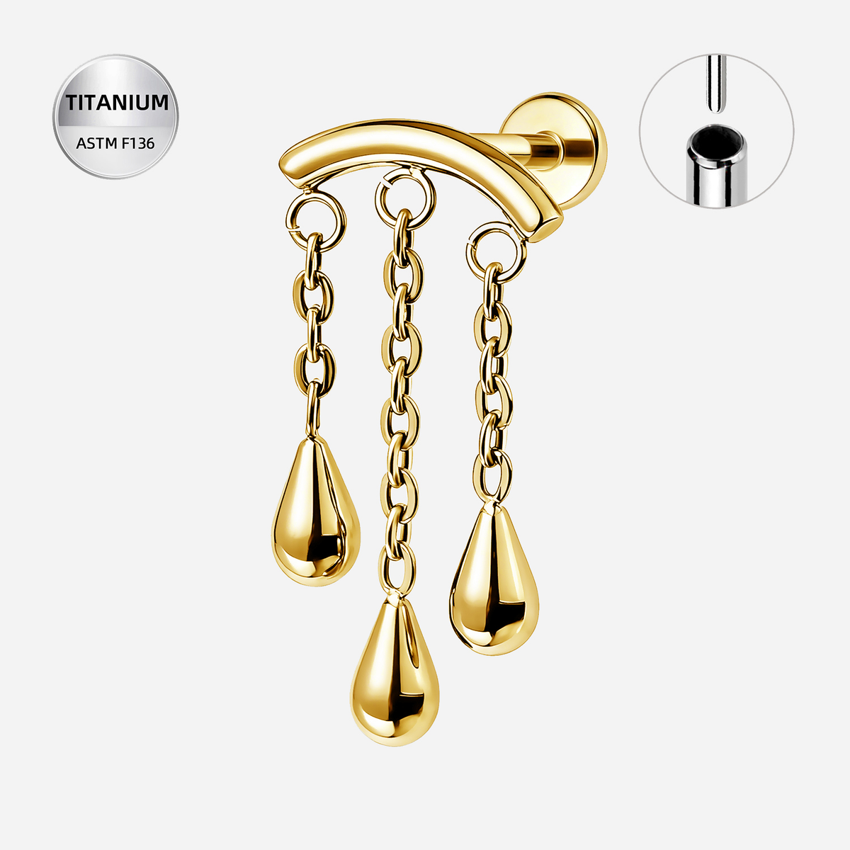 ASTM F136 Titanium Flat Back - Gold, Threadless, 16G, 1.2 x 6+4 mm — product detail views (P-FB-0131-G01)