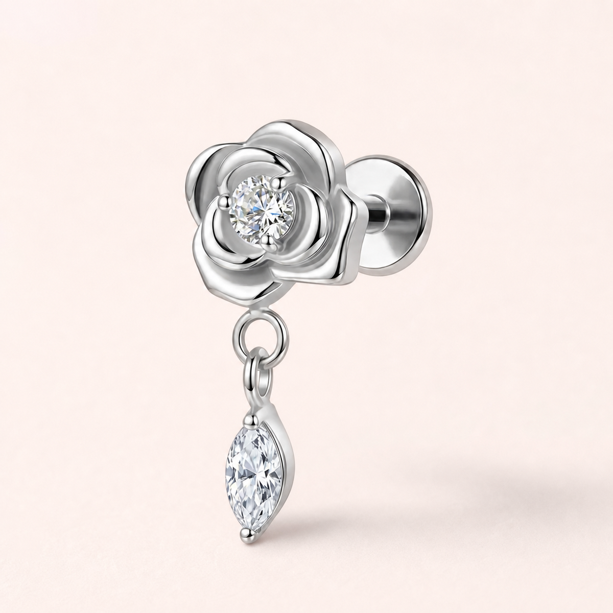 Clear CZ ASTM F136 Titanium Flat Back - Silver, Internally Threaded, 16G, 1.2 x 8+4 mm — primary product image (P-FB-0132-S01)