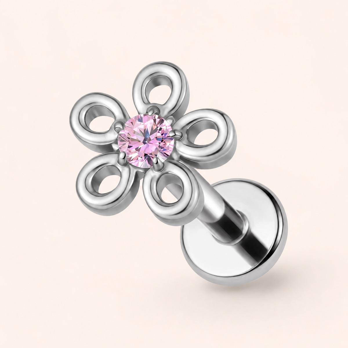 Pink CZ ASTM F136 Titanium Flat Back - Silver, Threadless, 16G, 1.2 x 6+4 mm — primary product image (P-FB-0133-S01)