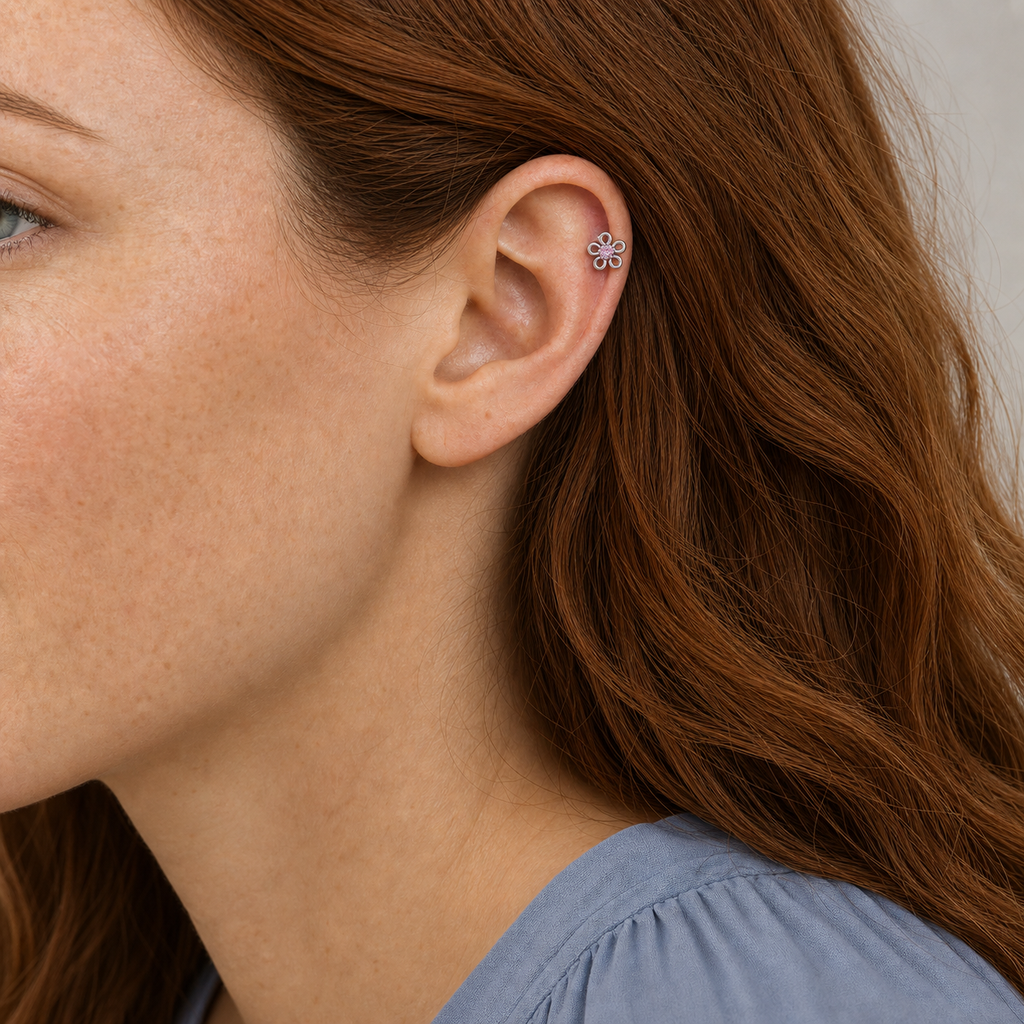 Pink CZ ASTM F136 Titanium Flat Back - Silver, Threadless, 16G, 1.2 x 6+4 mm — wearing view two (P-FB-0133-S01)