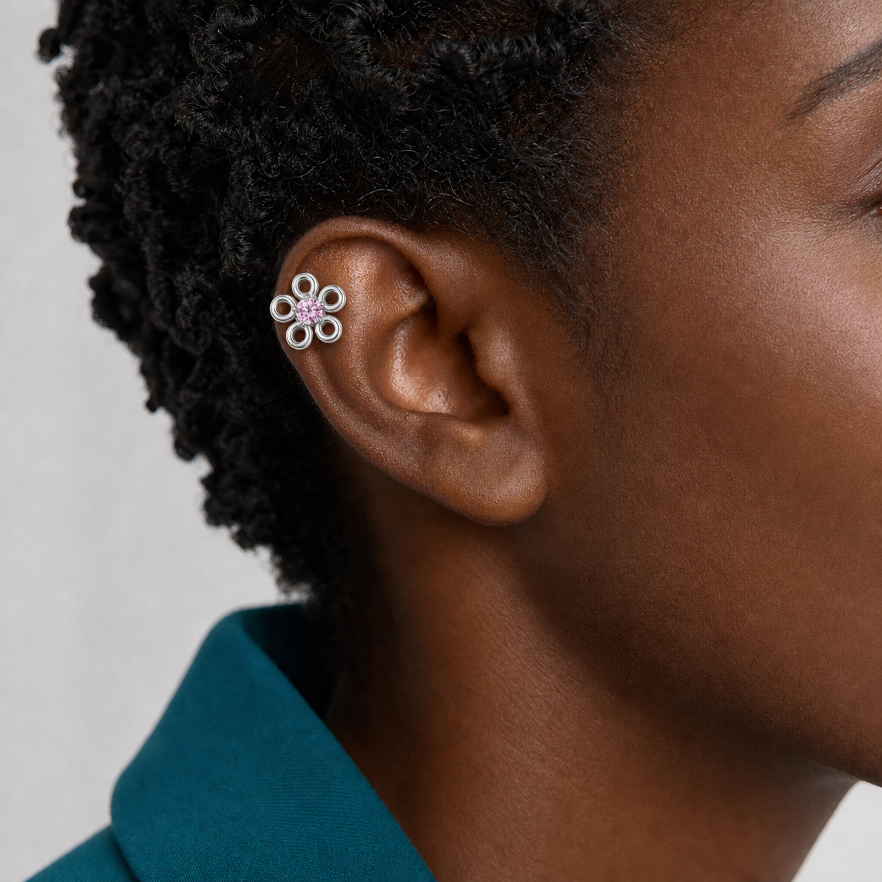 Pink CZ ASTM F136 Titanium Flat Back - Silver, Threadless, 16G, 1.2 x 6+4 mm — wearing view two (P-FB-0133-S01)