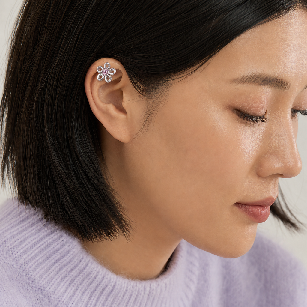 Pink CZ ASTM F136 Titanium Flat Back - Silver, Threadless, 16G, 1.2 x 6+4 mm — wearing view three (P-FB-0133-S01)