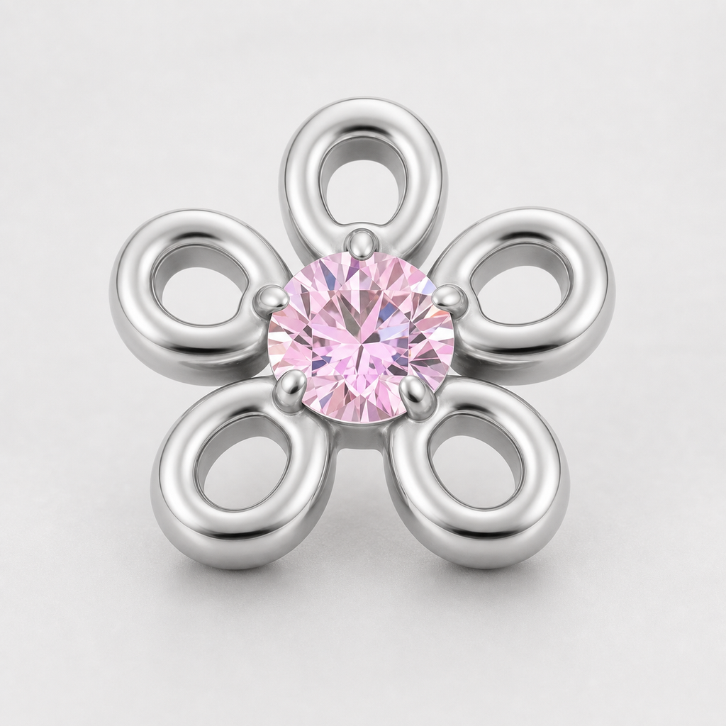 Pink CZ ASTM F136 Titanium Flat Back - Silver, Threadless, 16G, 1.2 x 6+4 mm — product detail views (P-FB-0133-S01)