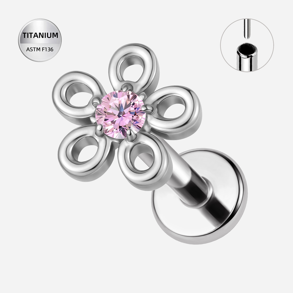 Pink CZ ASTM F136 Titanium Flat Back - Silver, Threadless, 16G, 1.2 x 6+4 mm — product detail views (P-FB-0133-S01)