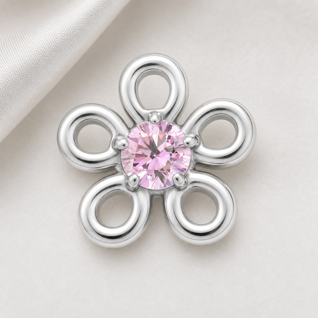 Pink CZ ASTM F136 Titanium Flat Back - Silver, Threadless, 16G, 1.2 x 6+4 mm — styled flat lay (P-FB-0133-S01)