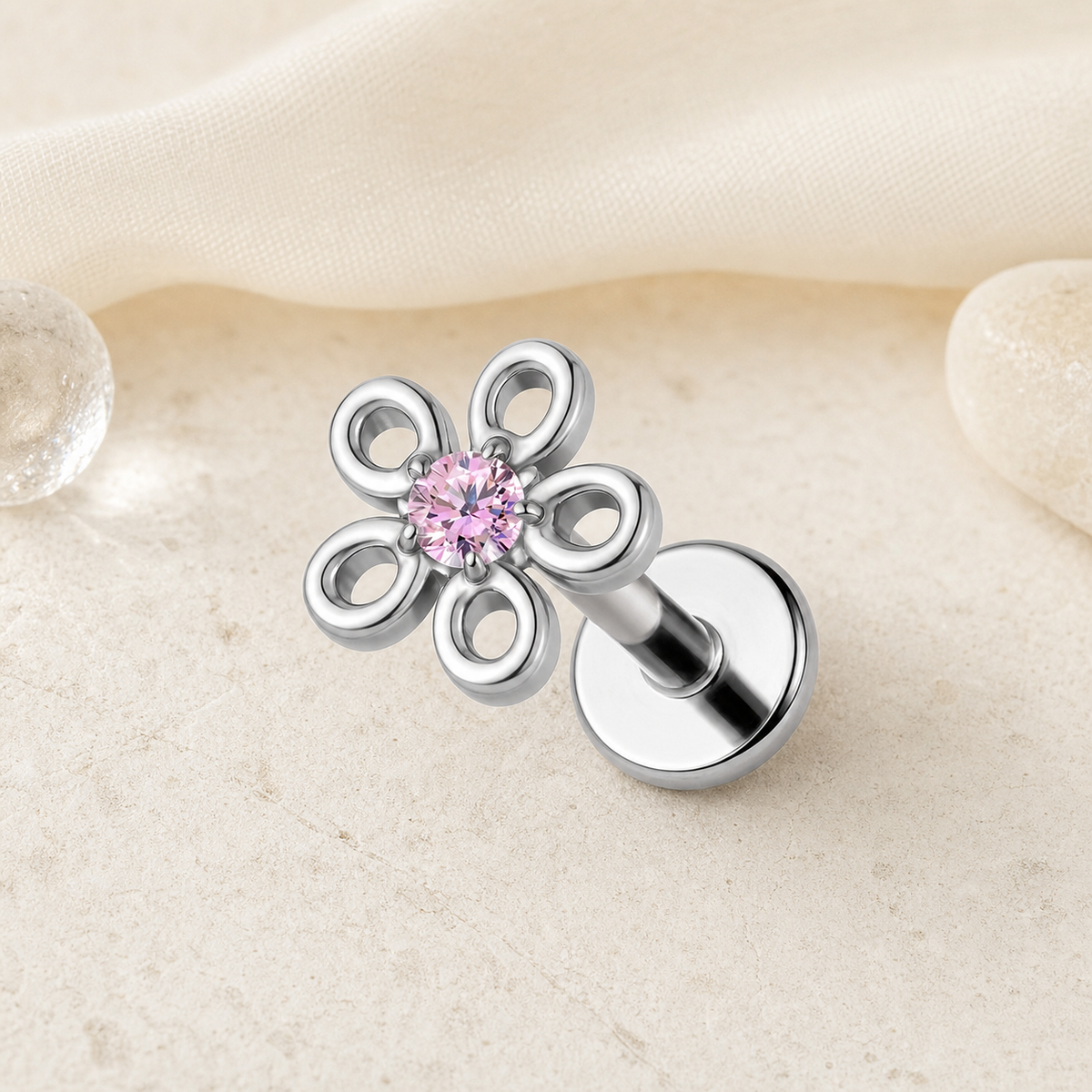 Pink CZ ASTM F136 Titanium Flat Back - Silver, Threadless, 16G, 1.2 x 6+4 mm — styled flat lay (P-FB-0133-S01)