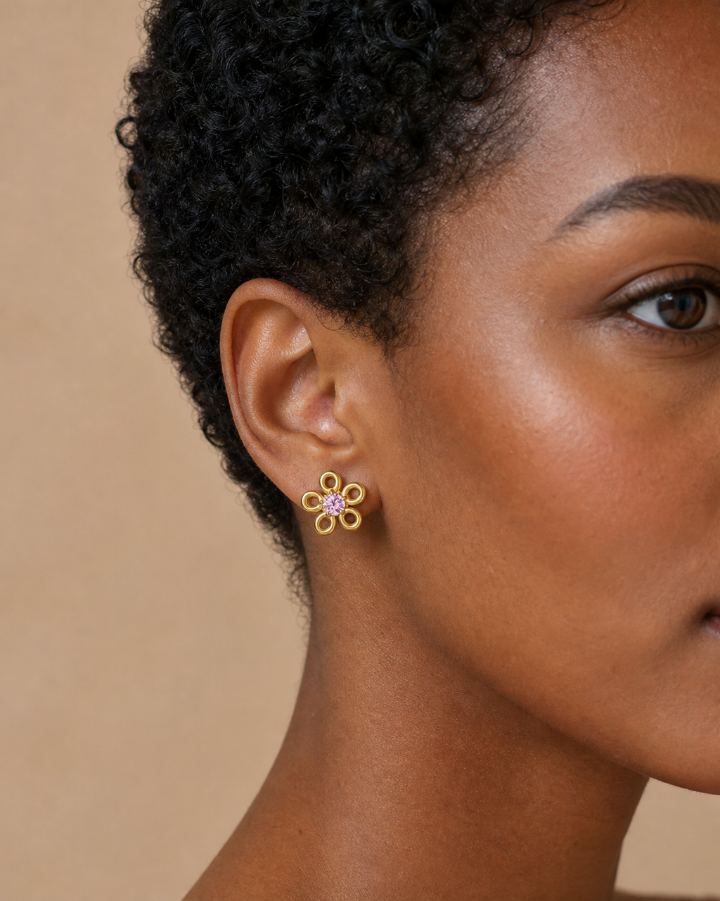 Pink CZ ASTM F136 Titanium Flat Back - Gold, Threadless, 16G, 1.2 x 6+4 mm — wearing view four (P-FB-0134-G01)