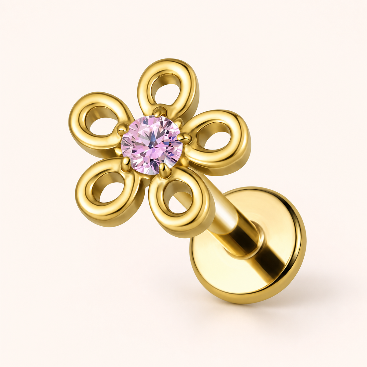 Pink CZ ASTM F136 Titanium Flat Back - Gold, Threadless, 16G, 1.2 x 6+4 mm — primary product image (P-FB-0134-G01)